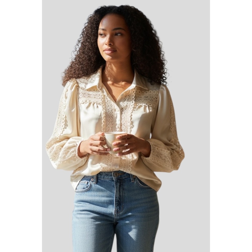 Peach Cream Satin Crochet Lace Blouse Long Sleeve Button Down Puff Shoulder SZ S
